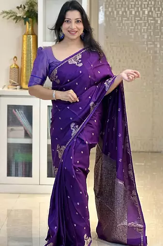 Purple silk blend banarasi saree with unstitched blouse piece