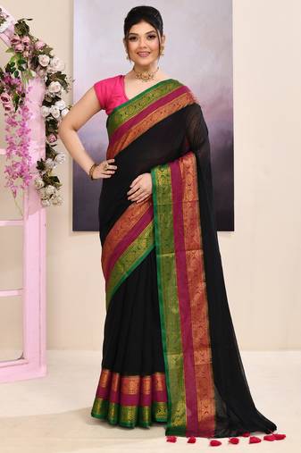 Women's black embellished zari border cotton saree