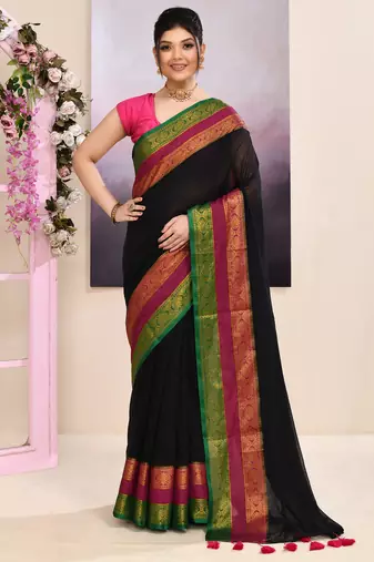 Women's black embellished zari border cotton saree