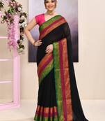 Women's black embellished zari border cotton saree