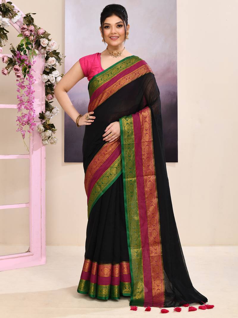 Women's black embellished zari border cotton saree