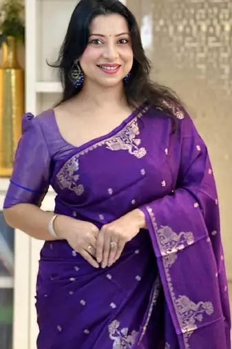 Purple silk blend banarasi saree with unstitched blouse piece