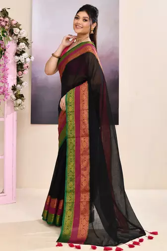 Women's black embellished zari border cotton saree