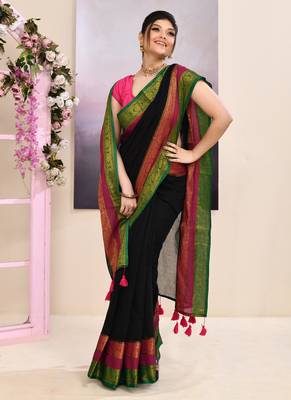 Women's black embellished zari border cotton saree 3