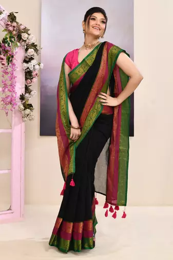 Women's black embellished zari border cotton saree