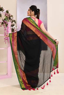 Women's black embellished zari border cotton saree 4