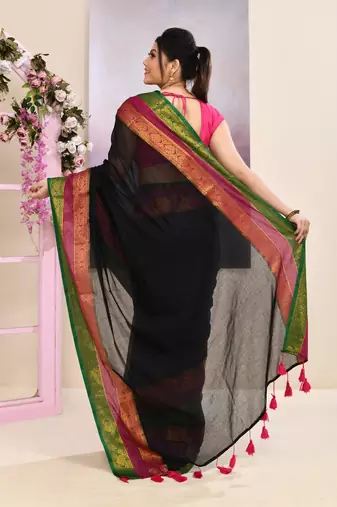 Women's black embellished zari border cotton saree