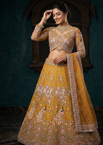 YELLOW BUTTERFLY NET PARTY WEAR EMBOIDERY LEHNGHA CHOLI