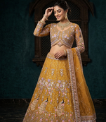YELLOW BUTTERFLY NET PARTY WEAR EMBOIDERY LEHNGHA CHOLI