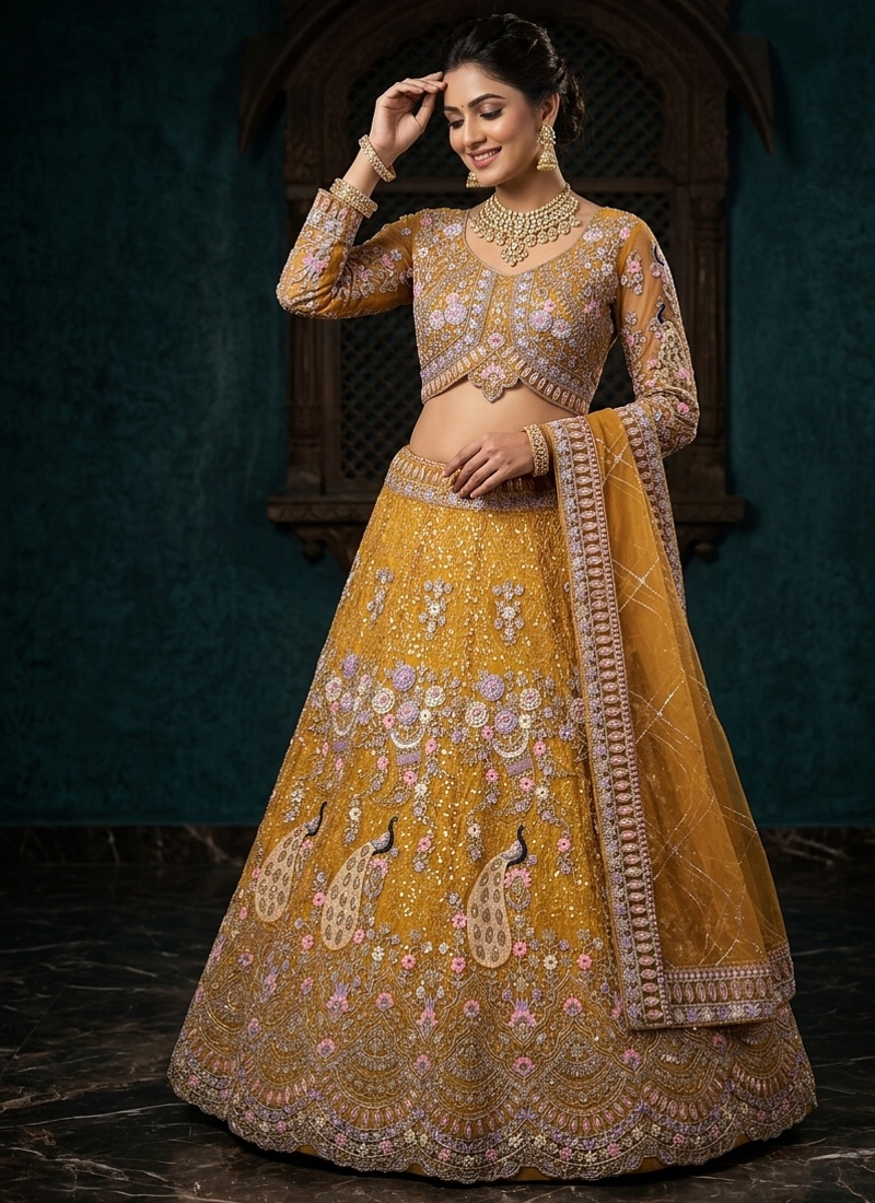 YELLOW BUTTERFLY NET PARTY WEAR EMBOIDERY LEHNGHA CHOLI