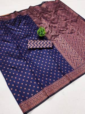 Blue silk blend banarasi saree with unstitched blouse piece 1