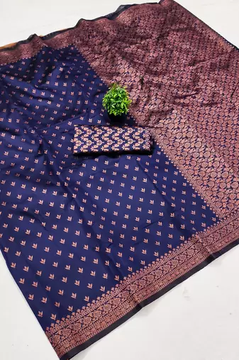Blue silk blend banarasi saree with unstitched blouse piece