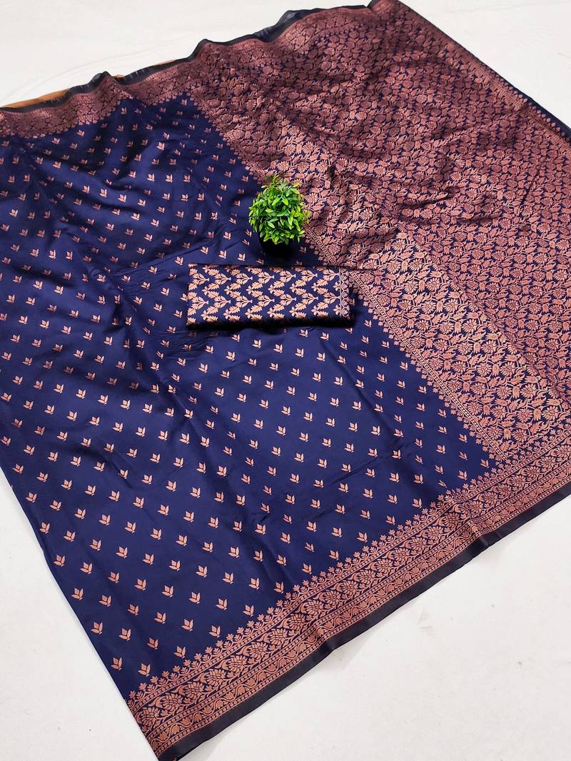 Blue soft silk blend banarasi jacuard work designer party wear saree with unstitched blouse piece