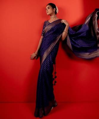 Blue silk blend banarasi saree with unstitched blouse piece 2