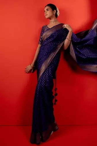 Blue silk blend banarasi saree with unstitched blouse piece