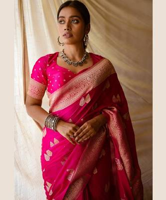 Pink silk blend banarasi saree with unstitched blouse piece 1