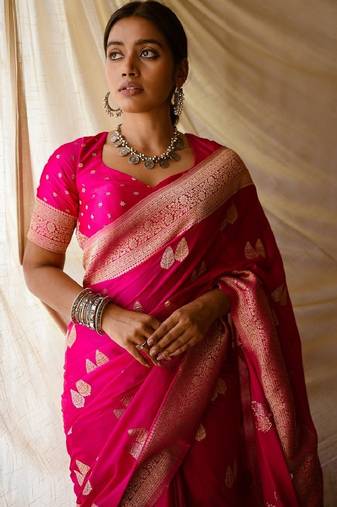 Pink soft silk blend banarasi jacuard work designer party wear saree with unstitched blouse piece