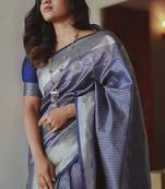 Blue silk blend banarasi saree with unstitched blouse piece