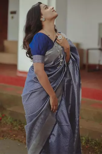 Blue silk blend banarasi saree with unstitched blouse piece