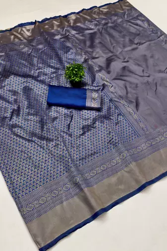 Blue silk blend banarasi saree with unstitched blouse piece