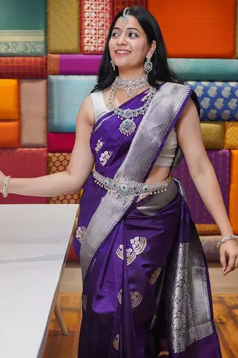 Purple silk blend banarasi saree with unstitched blouse piece