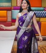 Purple soft silk blend banarasi jacuard work designer party wear saree with unstitched blouse piece