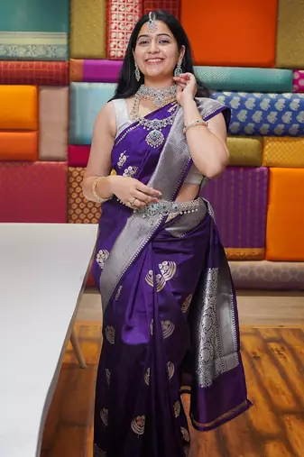 Purple silk blend banarasi saree with unstitched blouse piece