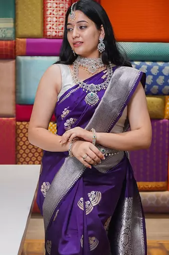 Purple silk blend banarasi saree with unstitched blouse piece