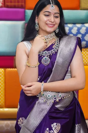 Purple silk blend banarasi saree with unstitched blouse piece