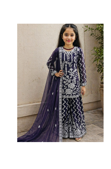Fancy Georgette Embroidery and Diamond Work Purple Readymade Salwar Suit 5