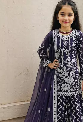 Fancy Georgette Embroidery and Diamond Work Purple Readymade Salwar Suit