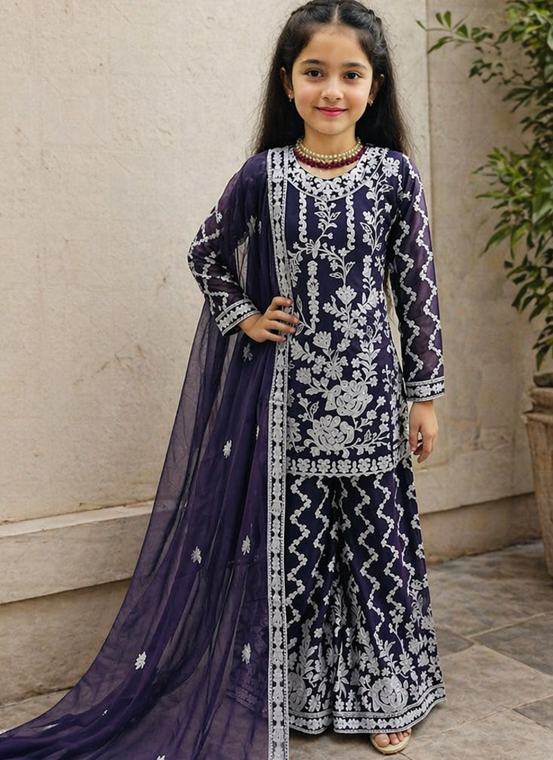 Fancy Georgette Embroidery and Diamond Work Purple Readymade Salwar Suit