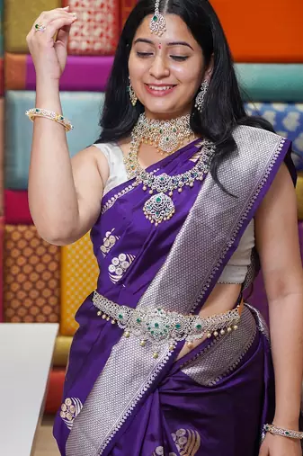 Purple silk blend banarasi saree with unstitched blouse piece