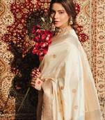White silk blend banarasi saree with unstitched blouse piece