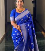 Royal blue silk blend banarasi saree with unstitched blouse piece