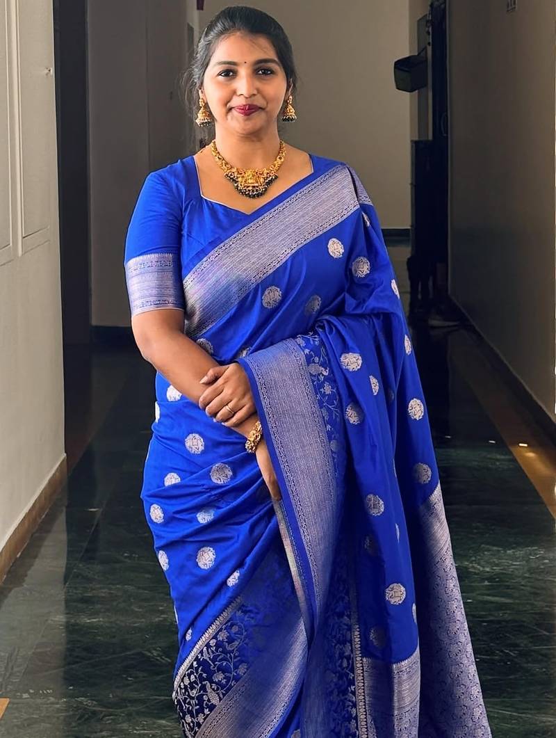 Royal blue soft silk blend banarasi jacuard work designer party wear saree with unstitched blouse piece
