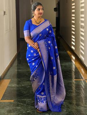 Royal blue silk blend banarasi saree with unstitched blouse piece 2