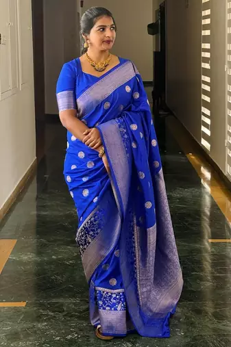 Royal blue silk blend banarasi saree with unstitched blouse piece