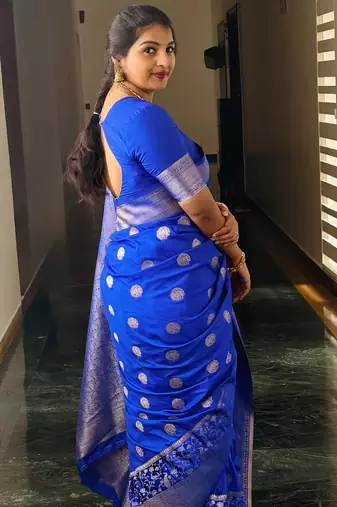 Royal blue silk blend banarasi saree with unstitched blouse piece