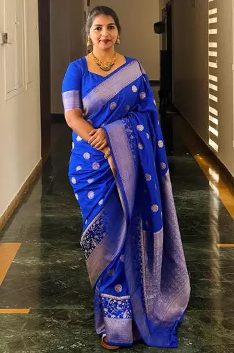 Royal blue silk blend banarasi saree with unstitched blouse piece