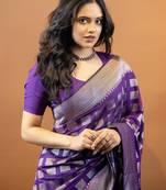 Purple silk blend banarasi saree with unstitched blouse piece