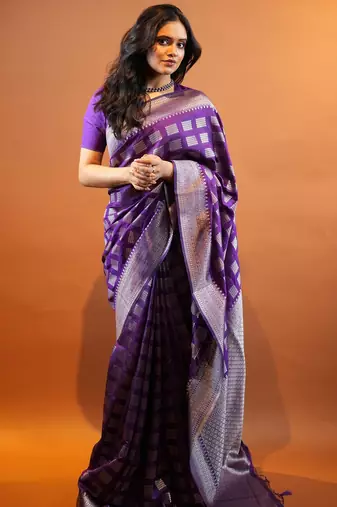 Purple silk blend banarasi saree with unstitched blouse piece