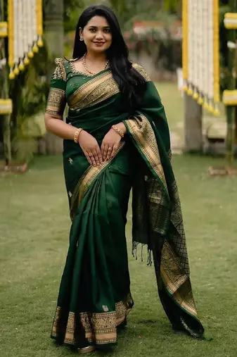 Green soft silk blend banarasi jacuard work designer party wear saree with unstitched blouse piece