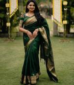 Green silk blend banarasi saree with unstitched blouse piece