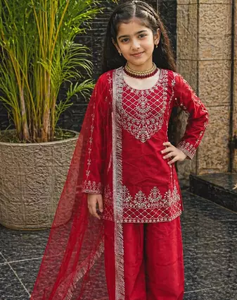 Natural Pure Heavy Creap Embroidery Work Red Readymade Salwar Suit