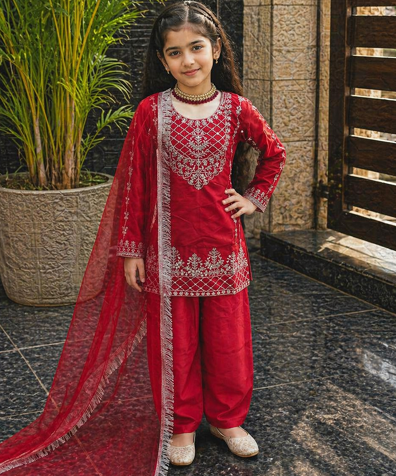 Natural Pure Heavy Creap Embroidery Work Red Readymade Salwar Suit