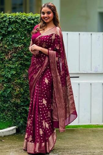 Dark pink soft silk blend banarasi jacuard work designer party wear saree with unstitched blouse piece