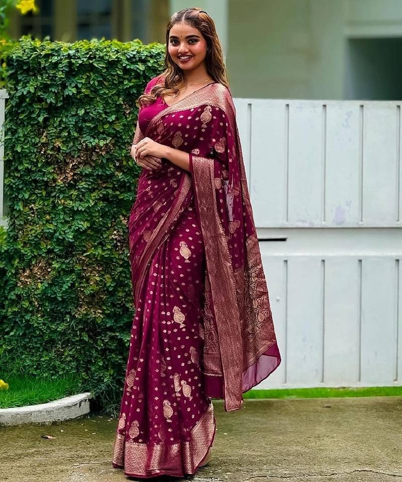 Dark pink soft silk blend banarasi jacuard work designer party wear saree with unstitched blouse piece