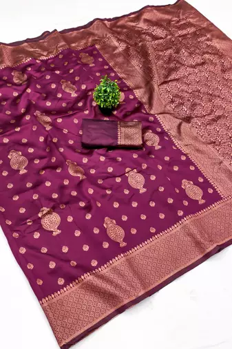 Dark pink silk blend banarasi saree with unstitched blouse piece