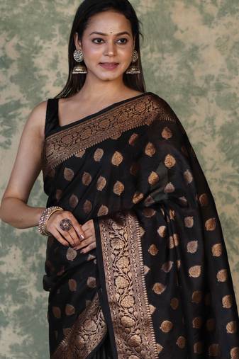 Black soft silk blend banarasi jacuard work designer party wear saree with unstitched blouse piece
